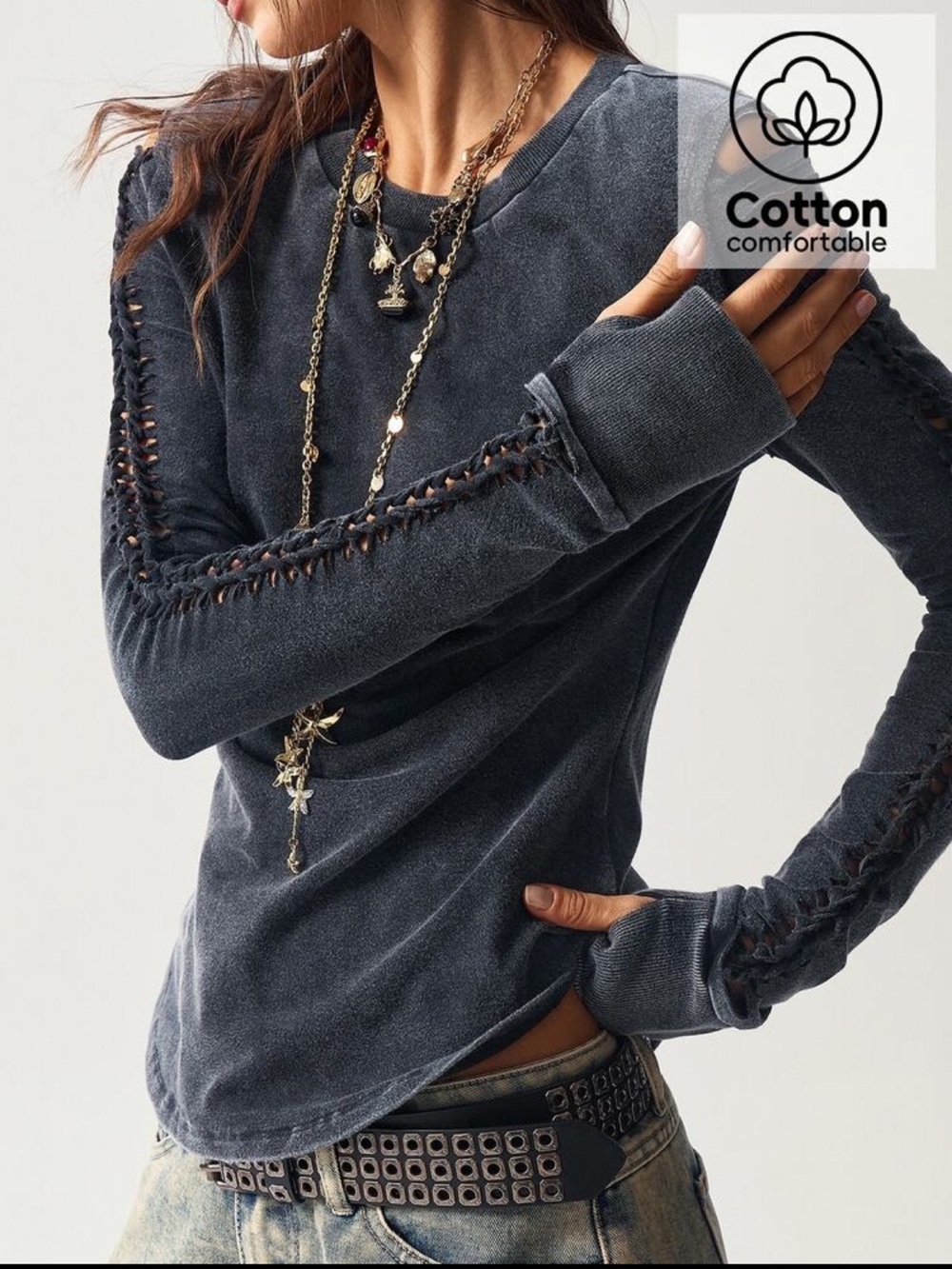 Crochet-Trim Long Sleeve Top - Cotton Comfortable